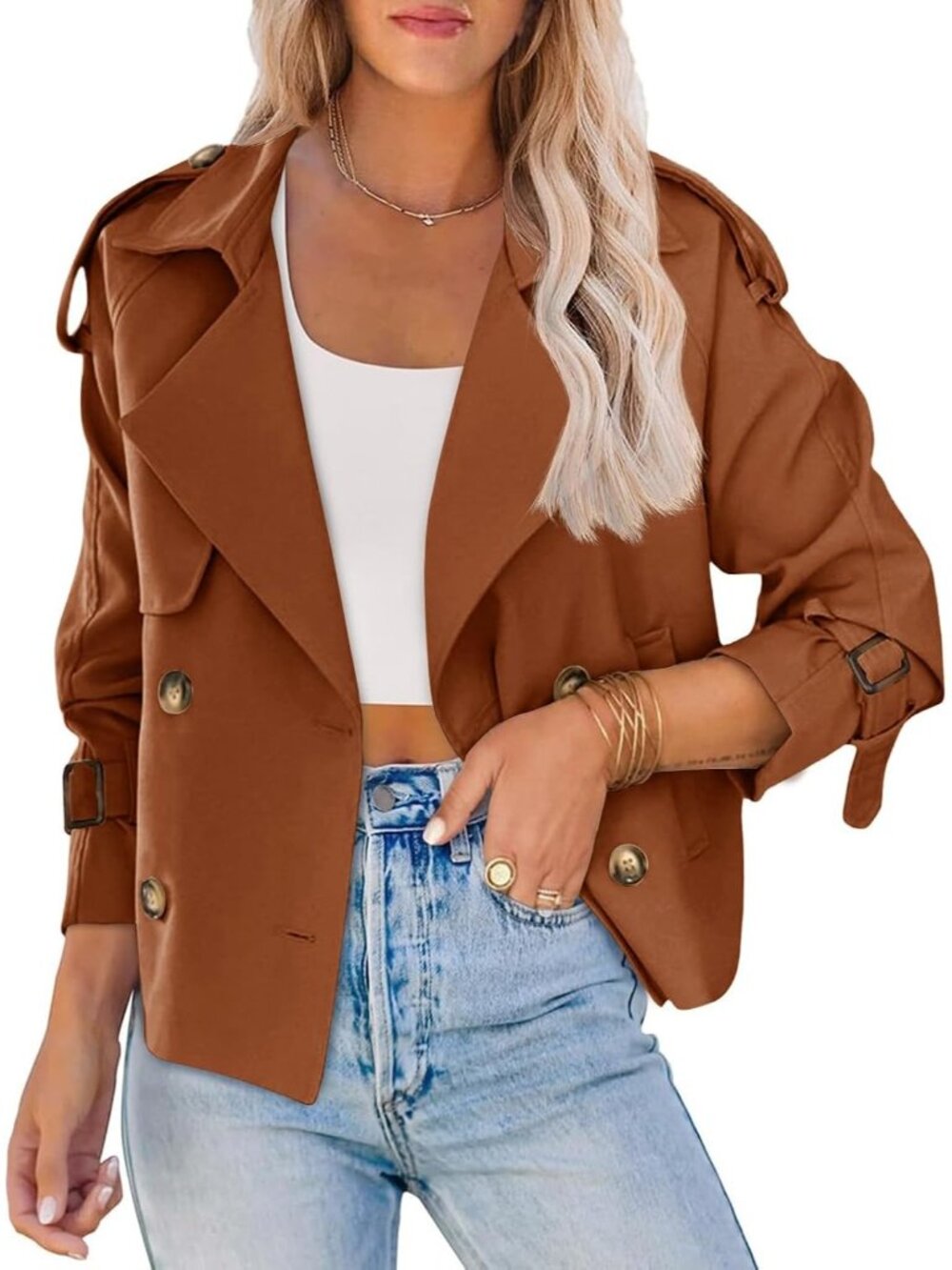 Women's Brown Cropped Raglan Sleeve Lapel Collar Double Breasted Trench Coat